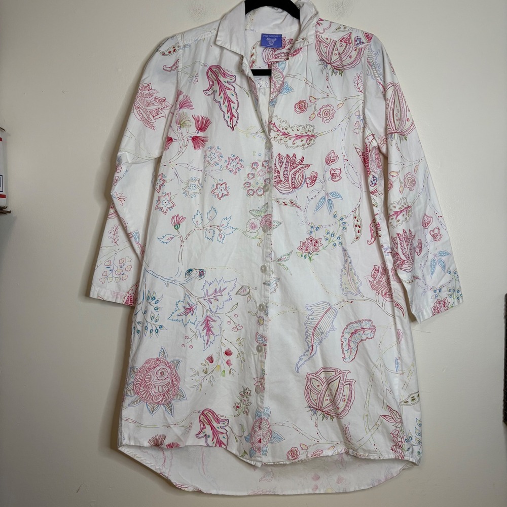 Pine Cone Hill Small White Cotton Floral Botanical Button Down Tunic Shirt